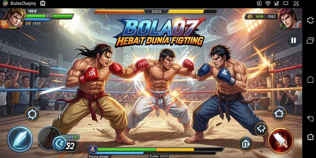Screenshot utama BOLA07 menampilkan pertarungan intens karakter dengan grafis menakjubkan.