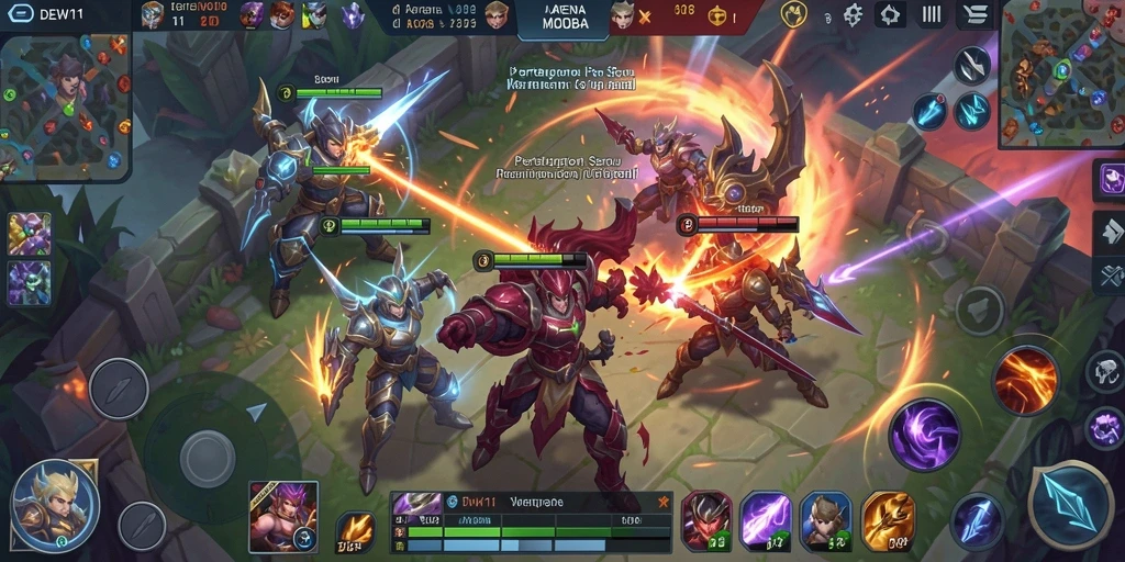 Tangkapan layar utama DEWI11 yang menunjukkan aksi pertempuran seru dalam game MOBA.