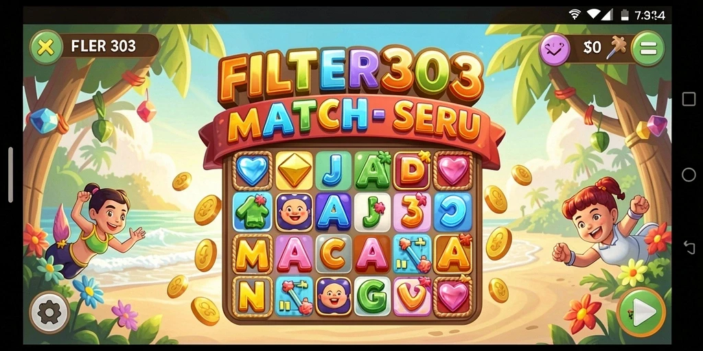 Screenshot gameplay <strong>FILTER303</strong> menunjukkan aksi mencocokkan yang seru dan penuh warna.
