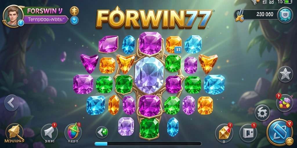 Tampilan gameplay FORWIN77 dengan permata berwarna-warni dan efek menarik.