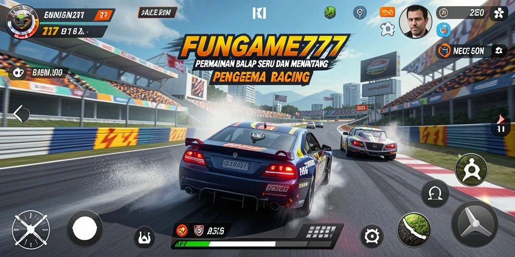 Screenshot menunjukkan gameplay balapan yang mendebarkan di FUNGAME777.