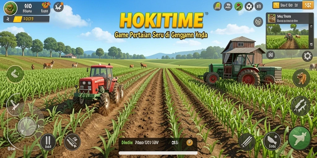 Screenshot gameplay HOKITIME menunjukkan suasana pertanian yang menawan dan interaksi karakter.