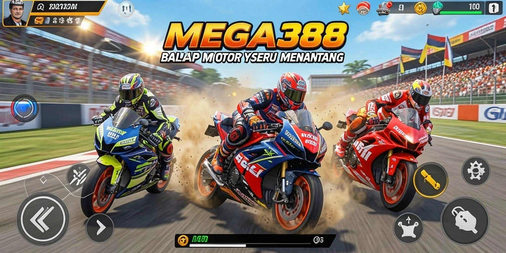 Screenshot gameplay MEGA388 menampilkan balapan motor yang menegangkan.