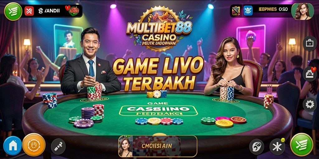 Screenshot gameplay dari MULTIBET88 menampilkan dealer langsung dan suasana kasino.