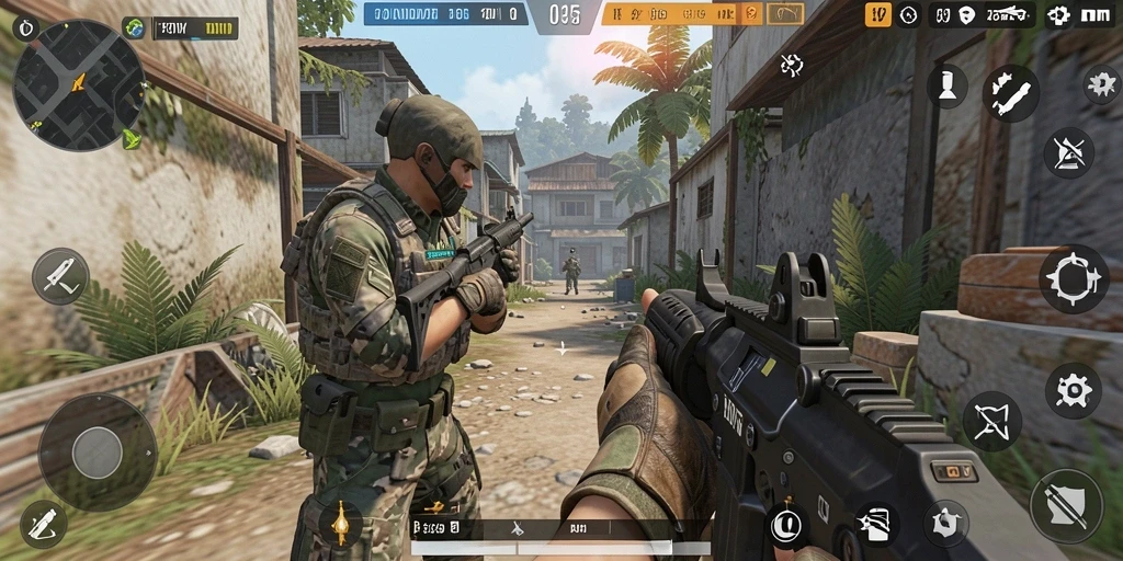 Tampilan gameplay PANDAWIN dengan aksi tembak-menembak yang intens.