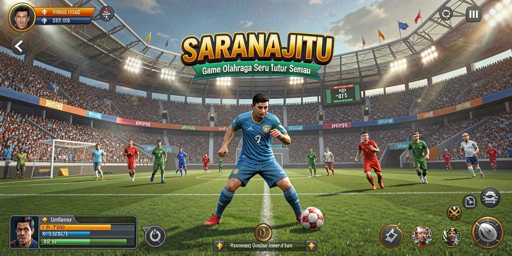 Tampilan utama SARANAJITU menampilkan aksi seru dalam permainan olahraga.
