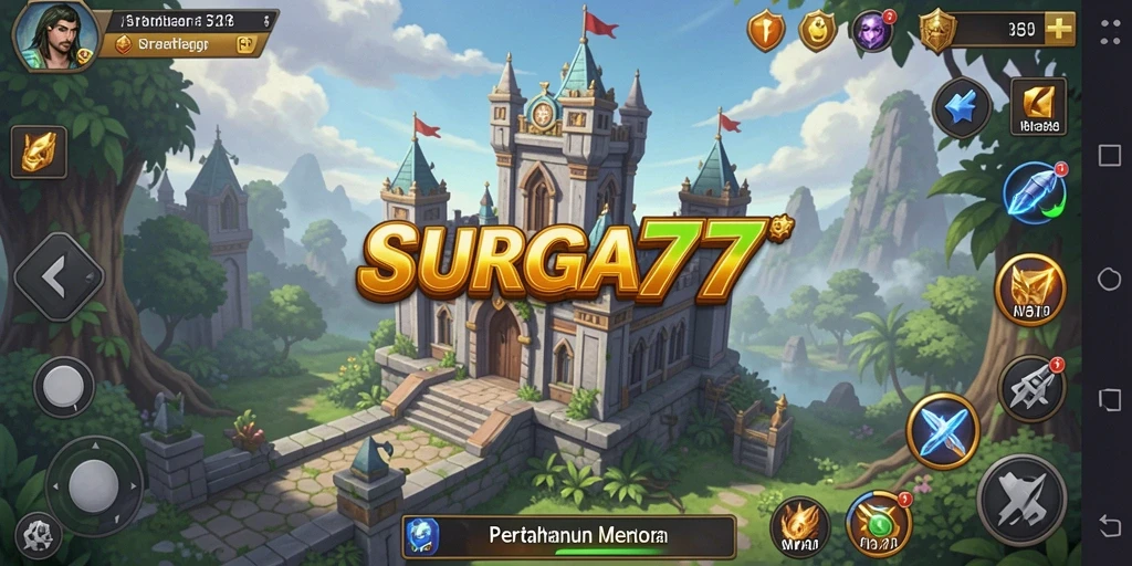 Tampilan gameplay SURGA77 yang memukau dengan menara dan musuh beraksi.